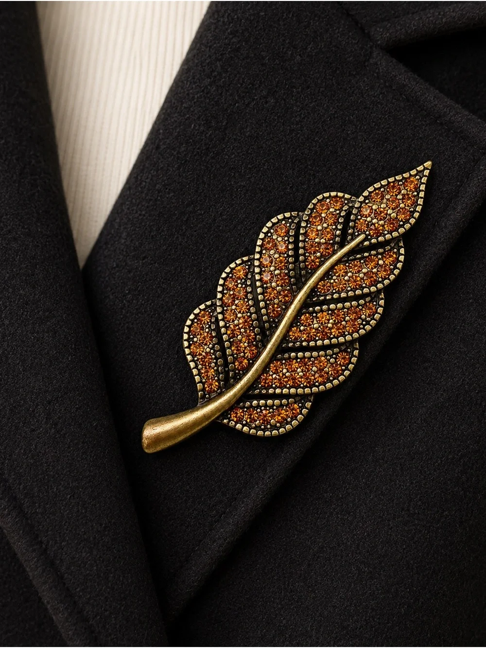 Amber Crystal Glistening Oak Leaf Brooch in Gold-Tone